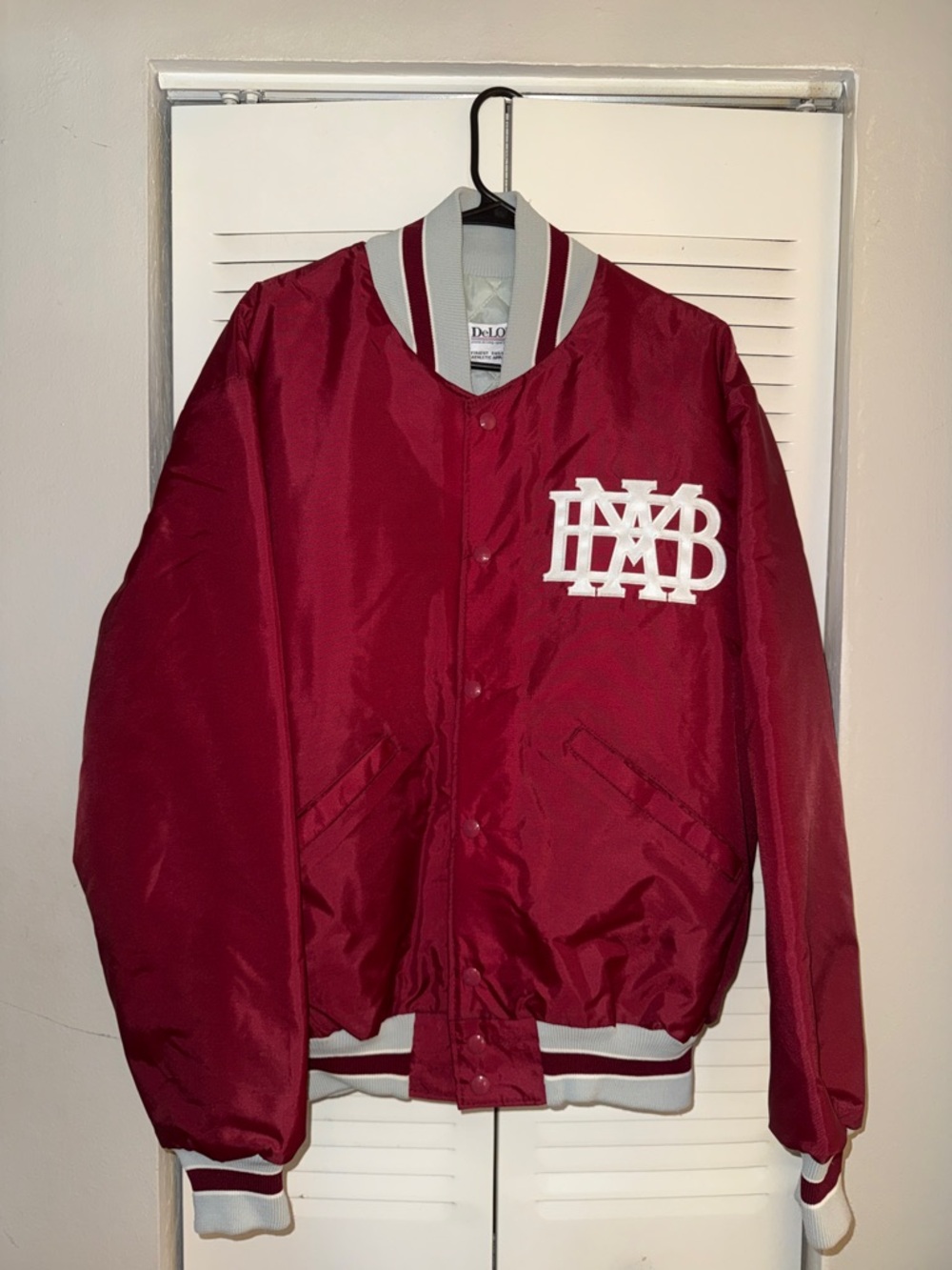 Men's DeLong Burgundy Satin Bomber Jacket with White Trim